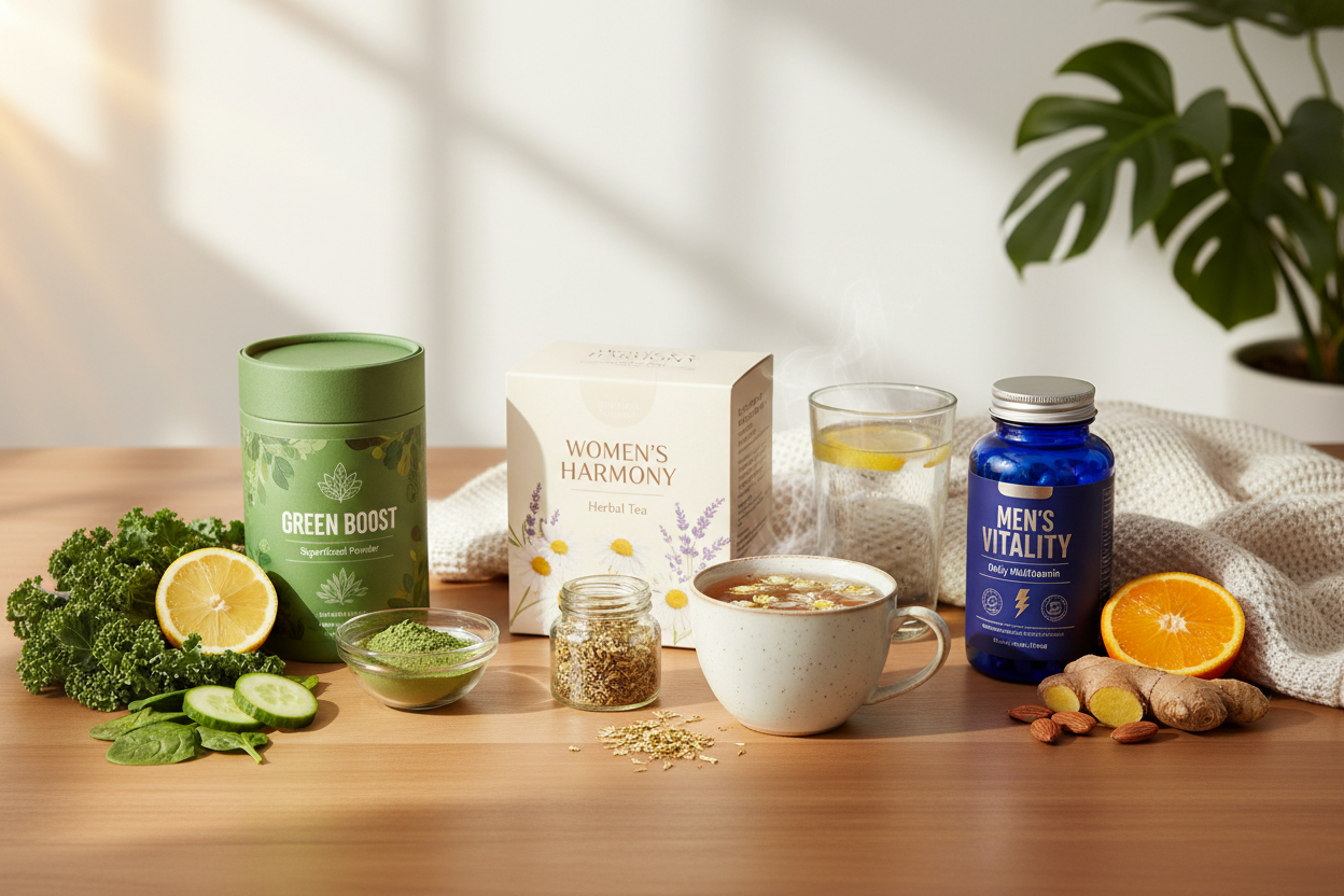Daily Vitality and Recovery with Organifi Green Juice Powder, Traditional Medicinals Mother’s Milk Women’s Tea, and Men Vitamins