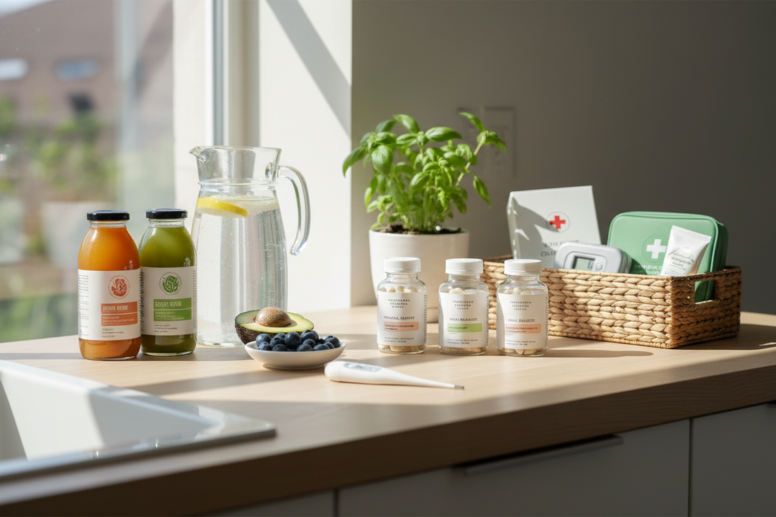 Daily Wellness and Convenience with Prenatal Vitamins, Health Supplies, and Bottled Beverages
