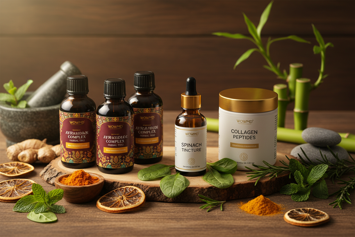 Holistic Wellness with WOWMD Ayurvedic Complex Herbal Trio, Spinach Tincture, and Collagen