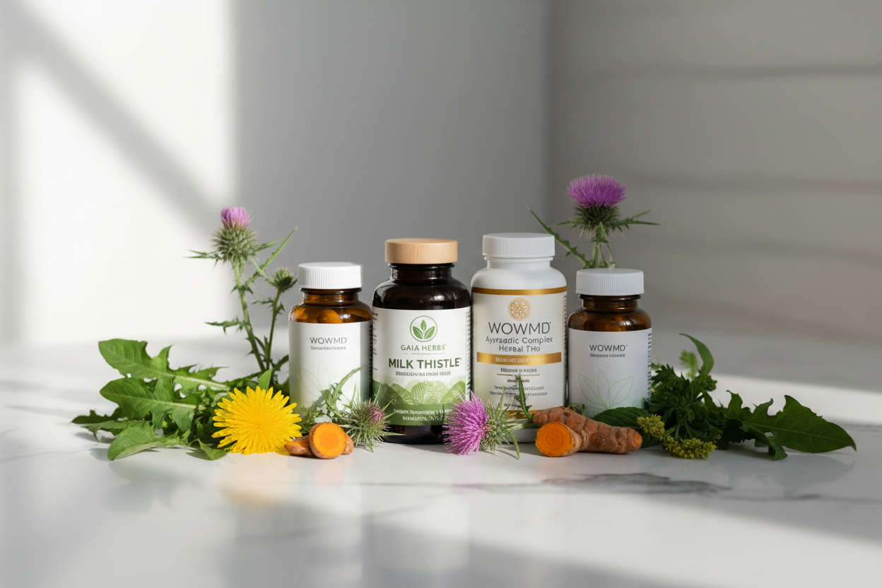 Liver Health and Detox Support with Gaia Herbs Milk Thistle, WOWMD Ayurvedic Complex Herbal Trio, and Nutritional Supplements