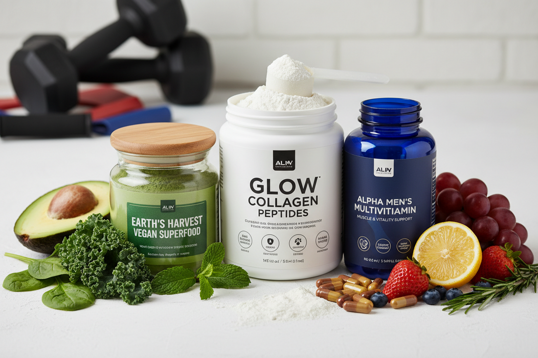 Muscle Support and Vitality with Collagen, Superfoods Organic Vegan Powder, and Men’s Vitamins