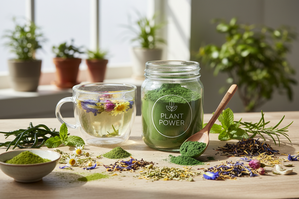 Plant-Based Vitality with Superfoods Organic Vegan Powder, Flower Tea, and Tea