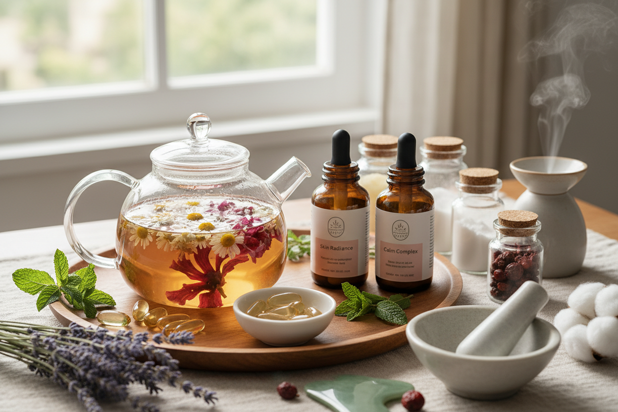 Skin Health and Wellness with Eczema, Psoriasis & Rosacea Care, Nutritional Supplements, and Flower Tea