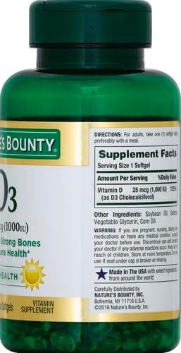 Nature's Bounty Vitamin D3 1000 IU, Immune Support, Helps Maintain Healthy Bones, 250 Rapid Release Softgels (Pack of 2)