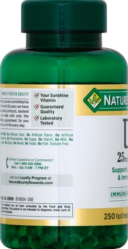 Nature's Bounty Vitamin D3 1000 IU, Immune Support, Helps Maintain Healthy Bones, 250 Rapid Release Softgels (Pack of 2)
