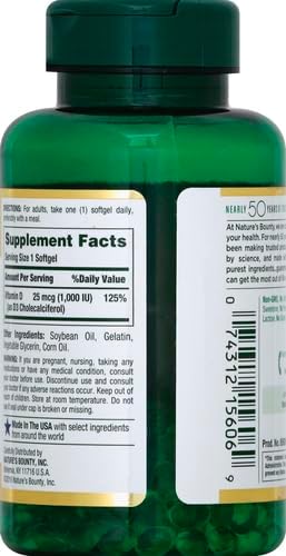 Nature's Bounty Vitamin D3 1000 IU, Immune Support, Helps Maintain Healthy Bones, 250 Rapid Release Softgels (Pack of 2)