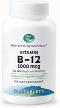 Earth's Splendor Vitamin B12 Methylcobalamin, Energy Support, Metabolism Support, 1000mcg Tablets, 200 Tablets