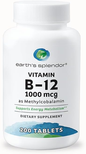 Earth's Splendor Vitamin B12 Methylcobalamin, Energy Support, Metabolism Support, 1000mcg Tablets, 200 Tablets