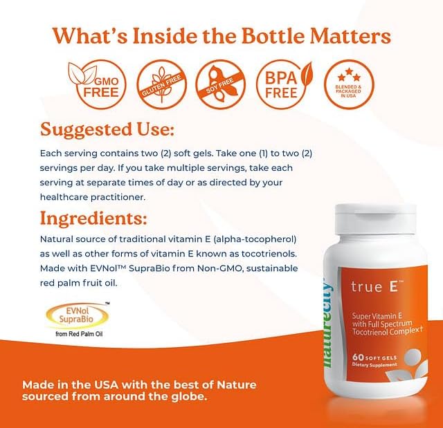 NatureCity True-E Full Spectrum Tocotrienols Vitamin E & Natural Alpha Tocopherol Supplement | Sustainable Tocotrienols from Evnol Suprabio | Non-GMO Vitamin E Complex | 120 Soft gels
