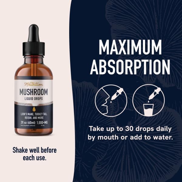 Mushrooms Liquid Drops Complex | Lions Mane Supplement with Turkey Tail Mushroom, Reishi, Shiitake & More | Support Cognitive Function, Memory & Focus | Non-GMO, Soy-Free | 2 Fl Oz, 60 Servings