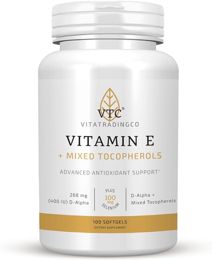 VTC VitaTradingCo. Vitamin E + Mixed Tocopherols | 400 IU Vitamin E | with Selenium & D-Alpha | Powerful Antioxidant | Skin, Heart, & Immune Support | 100 Softgels
