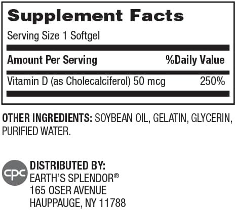 Earth's Splendor Vitamin D, 250 Softgels, 50mcg of Vitamin D, 4 Month Supply