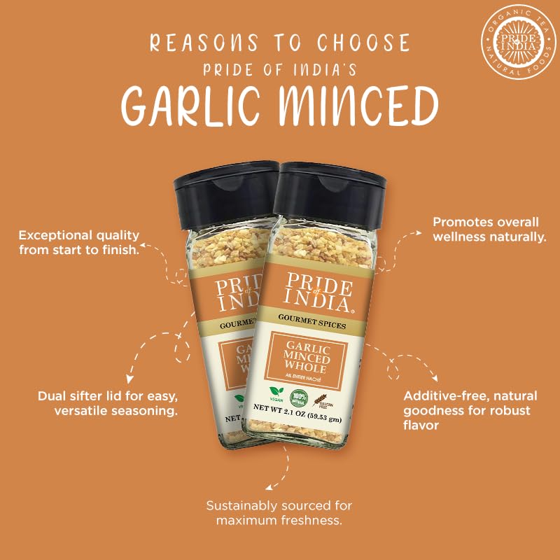Pride of India – Garlic Minced – Gourmet Seasoning – Ideal for Dips/Sauces/Bread/Salad/Stir-Fries – Ideal Pantry Condiments – Easy to Use – 1.9 oz. Small Dual Sifter Bottle
