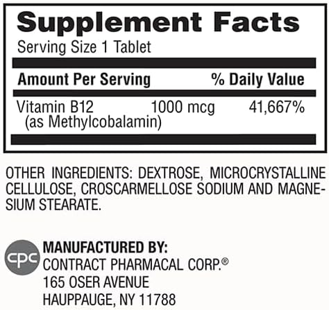 Earth's Splendor Vitamin B12 Methylcobalamin, Energy Support, Metabolism Support, 1000mcg Tablets, 200 Tablets