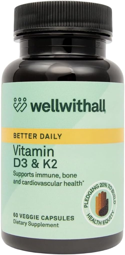 Vitamin D3 5000 IU (125 mcg) with Vitamin K2 100 mcg Supplement | Supports Calcium Utilization, Immune Support, & Cardiovascular Wellness | Plant Based, Major Allergen Free | 60-Day Supply