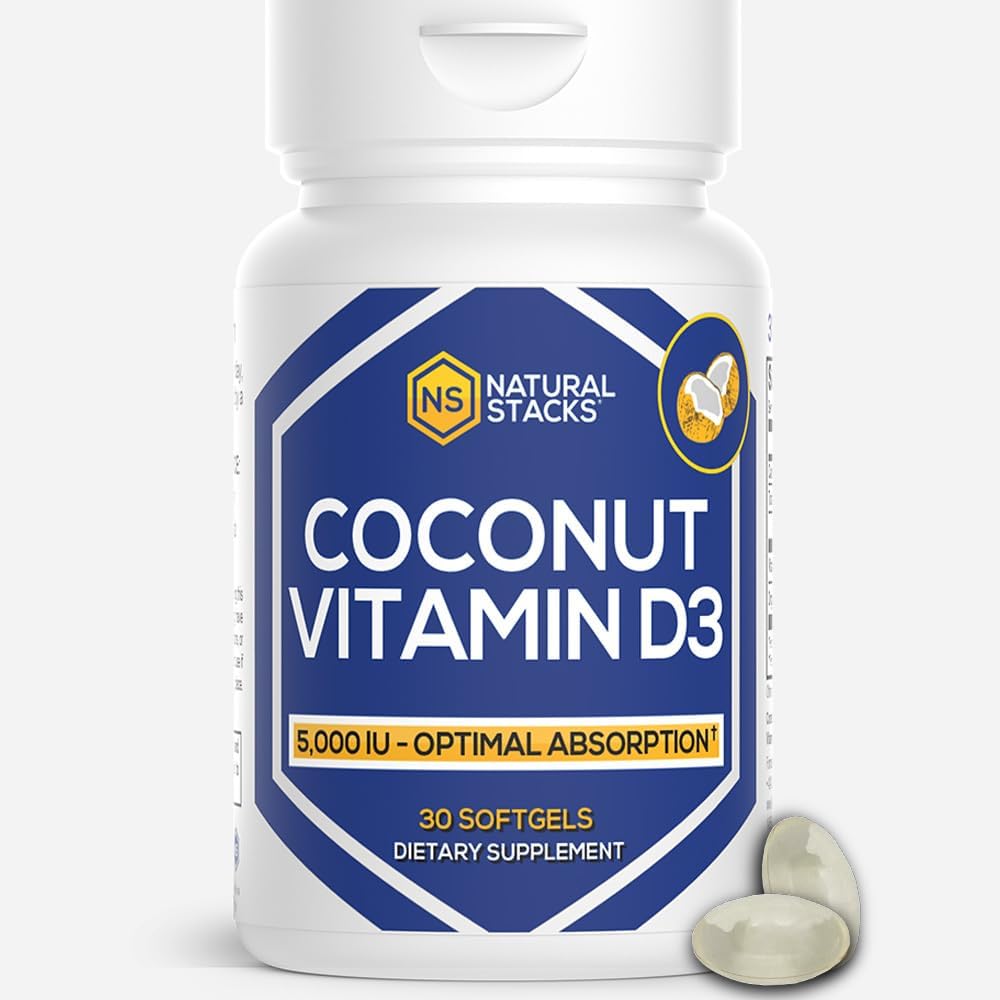 NATURAL STACKS Vitamin D 5000 IU Supplement - with Coconut Oil for Optimal Absorption - Vitamin D Pills for Immunity & Cell Growth - D3 125mcg Cholecalciferol Supplement - 30 D3 Servings
