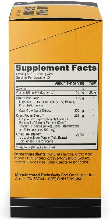 ONNIT Alpha Brain Instant Cognitive Support Drink Mix, Nootropic Supplement for Focus, Memory and Clarity, Peach Flavor, 0.13 oz Packets, 30 Count