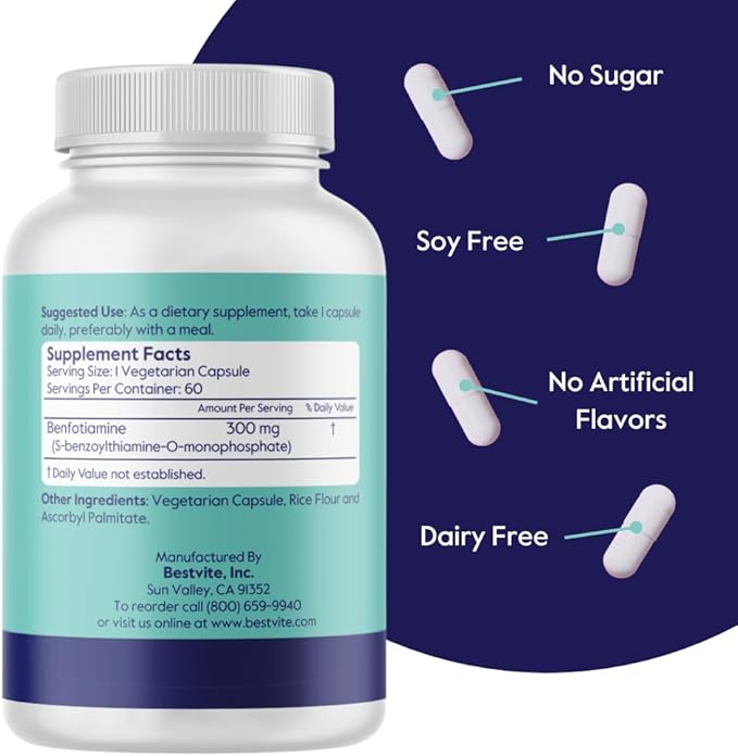 Benfotiamine 300mg (60 Vegetarian Capsules) No Stearates - No Silicon Dioxide - Vegan - Non GMO - Gluten Free