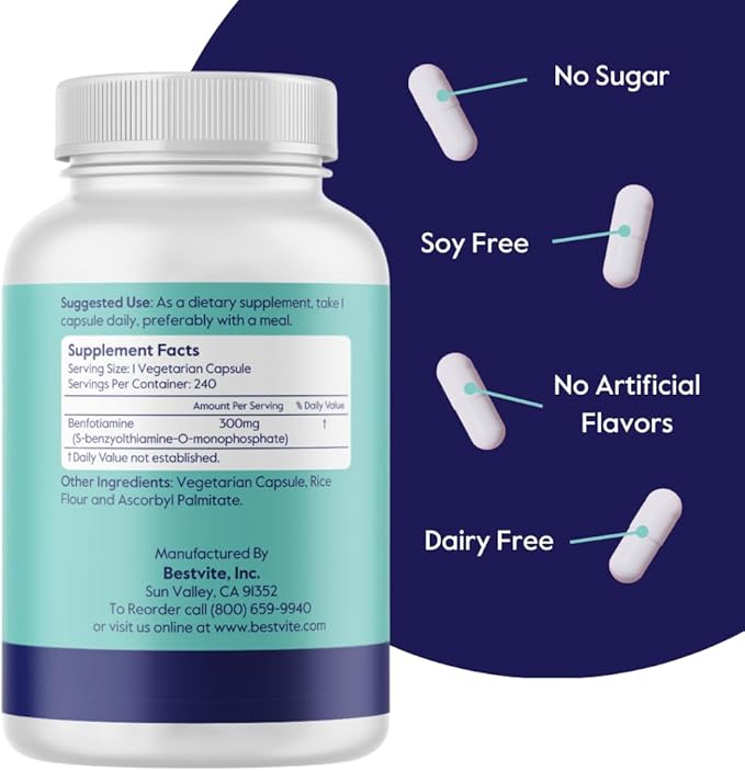 BESTVITE Benfotiamine 300mg (240 Vegetarian Capsules) No Stearates - No Silicon Dioxide - Vegan - Non GMO - Gluten Free