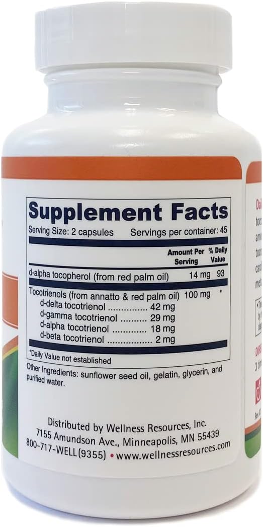Wellness Resources Daily Super E - Tocotrienol Vitamin E Complex: Soy-Free Full Spectrum Vitamin E with Delta, Gamma & Alpha Tocotrienols for Antioxidant Protection, Natural Source, Non-GMO (90 Caps)