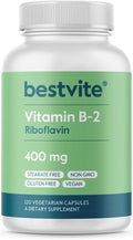 BESTVITE Vitamin B-2 (Riboflavin) 400mg (120 Vegetarian Capsules) - High Potency – Energy, Skin & Cellular Health – Healthy Nervous System Support – Vegan – Non GMO – Gluten Free – No Stearates
