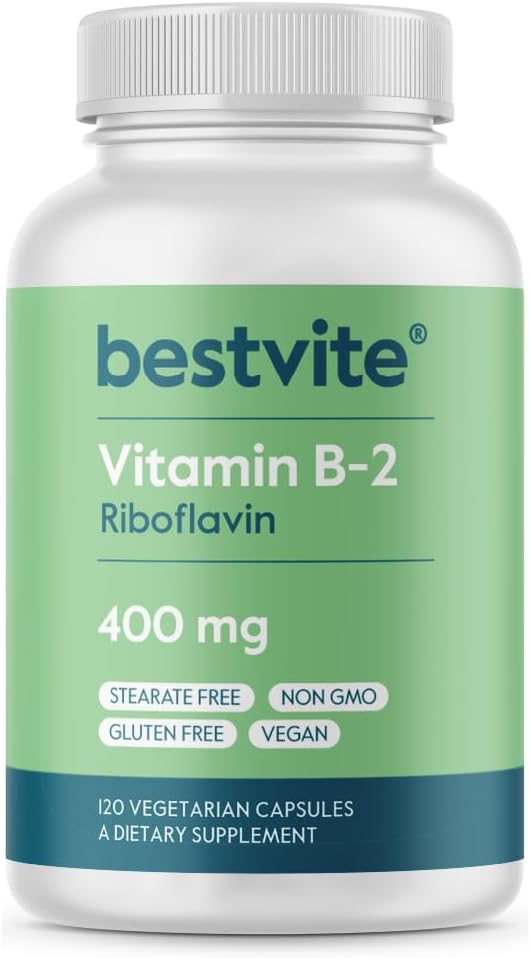 BESTVITE Vitamin B-2 (Riboflavin) 400mg (120 Vegetarian Capsules) - High Potency – Energy, Skin & Cellular Health – Healthy Nervous System Support – Vegan – Non GMO – Gluten Free – No Stearates