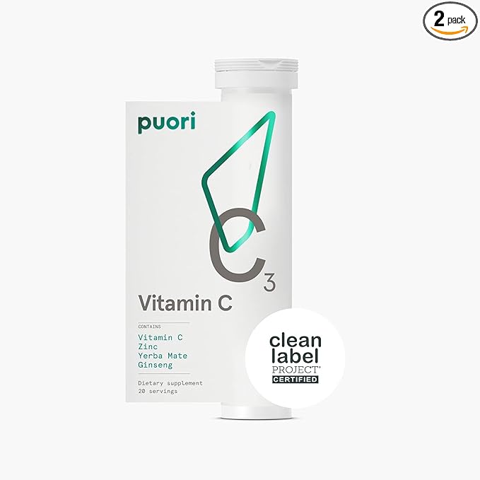 Puori C3 Vitamin C Supplement for Immune and Antioxidant Support - 20 Servings x 2 Packs - Vitamin C, Zinc, Yerba Mate, Ginseng Helps Fight Fatigue and Supports Cognitive Function