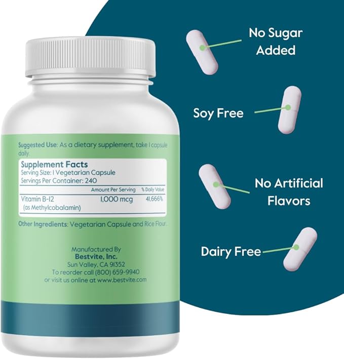 BESTVITE Vitamin B12 (Methylcobalamin) 1000mcg (480 Vegetarian Capsules)(2 x 240) (Methyl B12) - No Stearates - Vegan - Non GMO - Gluten Free