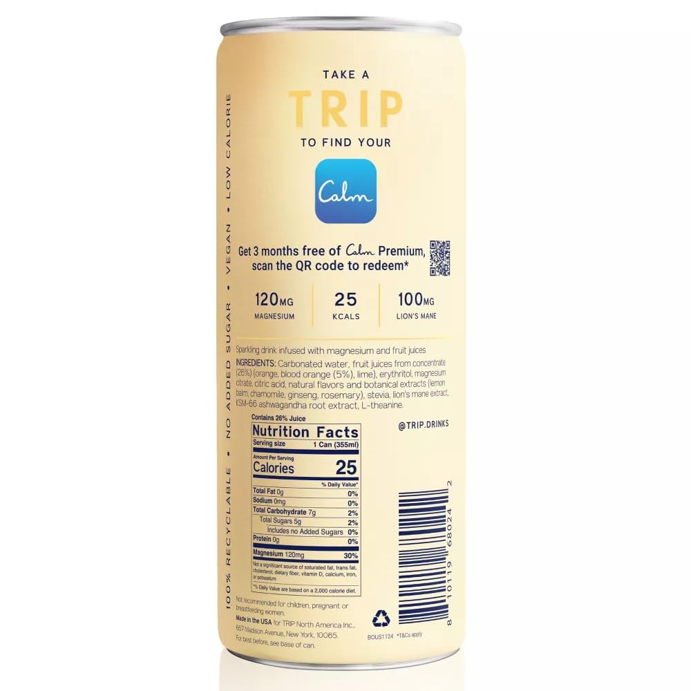 Trip Mindful Blend, Lightly Sparkling Calming Drink, 120 MG Magnesium Citrate with Ashwagandha, Lions Mane & L Theanine, No Added Sugar, Low Calorie, Vegan, Blood Orange, 12 Oz, 12Pk