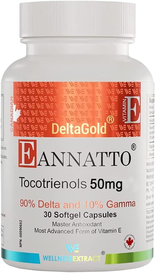 WELLNESS EXTRACT Eannatto Tocotrienols Deltagold Vitamin E Supplements Softgels, Tocopherol Free, Non-GMO, Gluten Free & Antioxidant (50MG 30 Softgels).