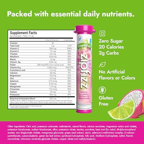 Zipfizz Daily Energy Drink Powder, Dragon Fruit Lime, 20 Pack | 3-in-1 Sustained Energy, Rapid Hydration, and Essential Vitamins | Sugar-Free | Electrolyte Powder | Contains Vitamin B-12 & Antioxidants