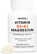 Vitamin D3 K2 5000 IU 60 Softgels with Magnesium Supplement - & 120mcg MK-7 K2 for Bone Health & Immune Support - Non-GMO & Gluten-Free Softgels with MCT Oil