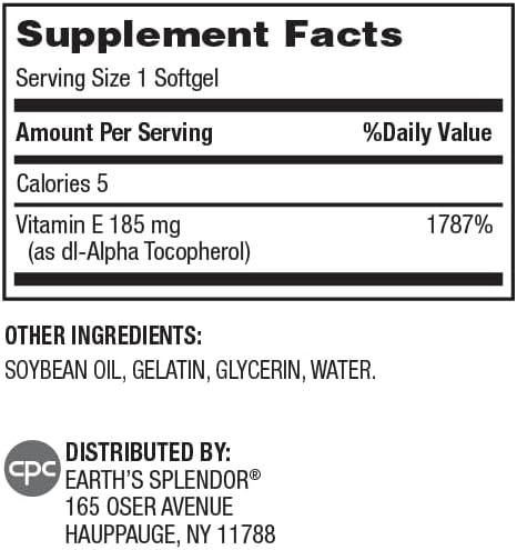 Earth's Splendor Vitamin E, 120 Softgels, 185mg Vitamin E, 4 Month Supply