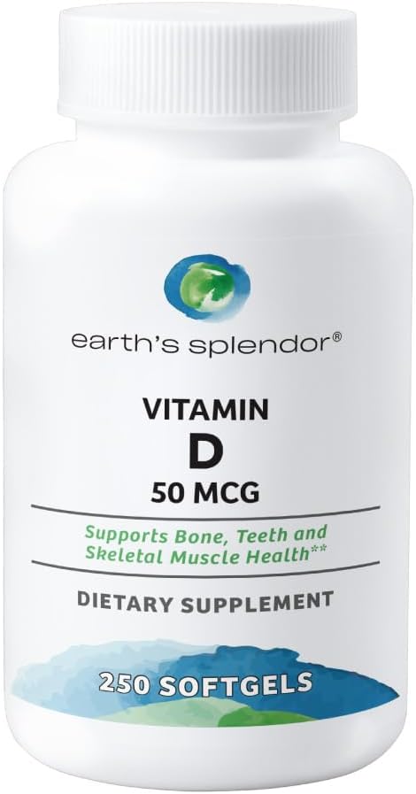 Earth's Splendor Vitamin D, 250 Softgels, 50mcg of Vitamin D, 4 Month Supply