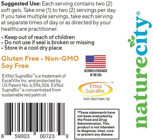 NatureCity True-E Full Spectrum Tocotrienols Vitamin E & Natural Alpha Tocopherol Supplement | Sustainable Tocotrienols from Evnol Suprabio | Non-GMO Vitamin E Complex | 120 Soft gels