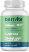 BESTVITE Vitamin B12 (Methylcobalamin) 5000mcg (240 Vegetarian Capsules) (Methyl B12) - No Stearates - Vegan - Non GMO - Gluten Free