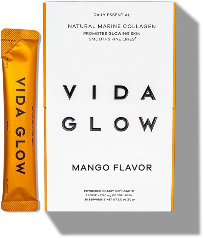 Vida Glow Marine Collagen Powder - Anti Aging Supplement with Collagen Peptides, Promotes Glowing Skin, Strong Nails, Healthy Hair | 30 Servings, Mango Flavor