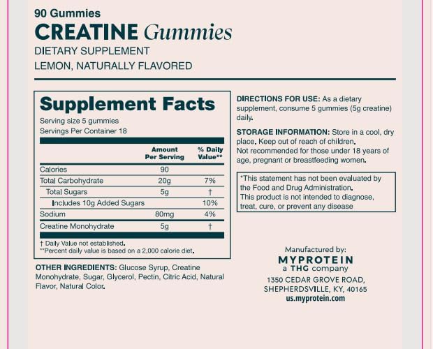 Myprotein Creatine Gummies, 5g Creatine Monohydrate per Serving, Lemon, 90 Count, 18 Servings, Chewable Post/Pre Workout Strength & Recovery Sports Nutrition Supplement, Vegan, Non-GMO