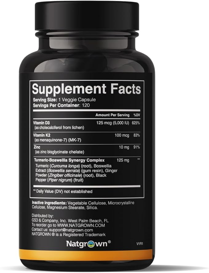 Natgrown Vitamin D3 + K2 w/Zinc - Vegan Vitamin D 5000 IU & Mk7 100mcg for Bone and Immune Support Supplement - Plant Based D3 K2 with Superfood Blend, Gluten-Free - 120 Capsules