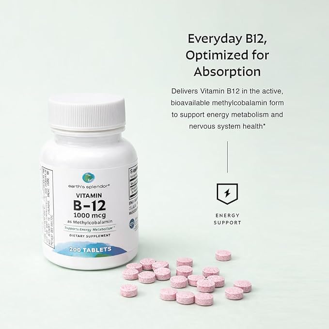 Earth's Splendor Vitamin B12 Methylcobalamin, Energy Support, Metabolism Support, 1000mcg Tablets, 200 Tablets