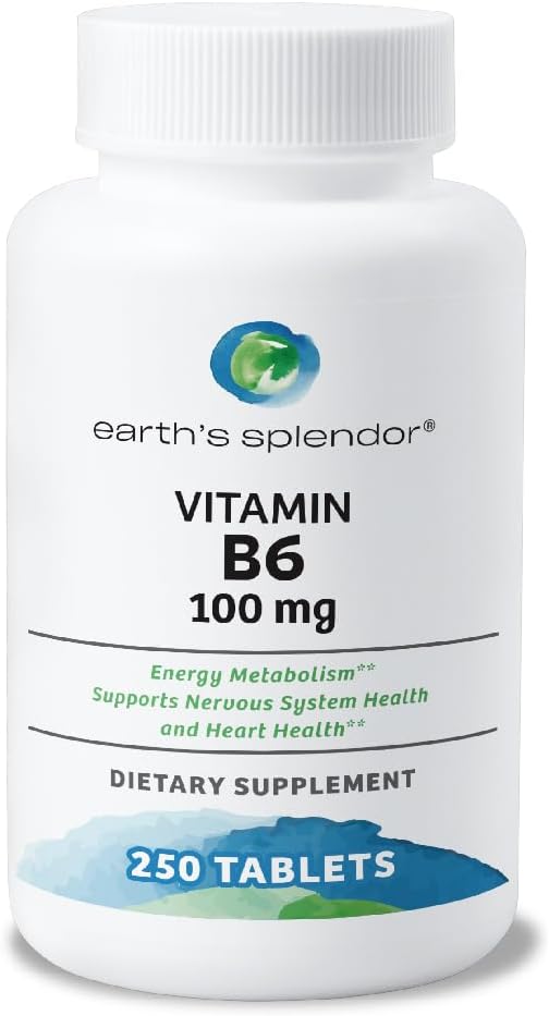 Earth's Splendor Energy Supplement Vitamin B6 for Men & Women, No Artificial Color or Preservatives, Non-GMO, Supports Energy Metabolism and Red Blood Cell Production (100mg, 250 Tablets)