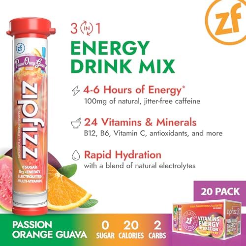 Zipfizz Daily Energy Drink Powder, Passion Orange Guava, 20 Pack | 3-in-1 Sustained Energy, Rapid Hydration, and Essential Vitamins | Sugar-Free | Electrolyte Powder | Contains Vitamin B-12 & Antioxidants