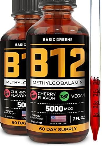 Vitamin B12 Sublingual Liquid Drops 5000 mcg – Vegan Methyl B-12 Supplement for Energy & Focus – B 12 Vitamin for Women & Men – Fast Absorption Methylcobalamin – 120 Servings – 4 fl oz