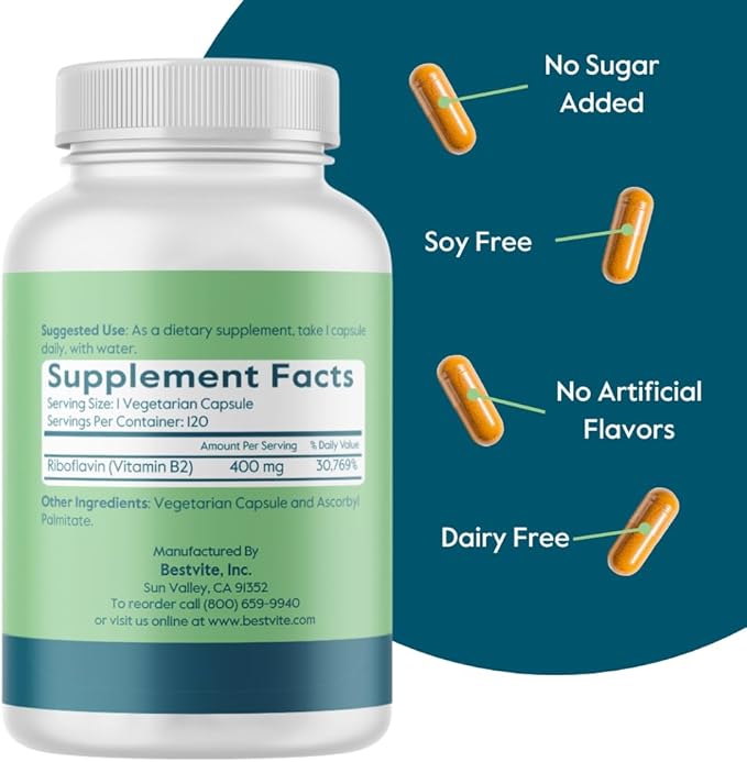 BESTVITE Vitamin B-2 (Riboflavin) 400mg (240 Vegetarian Capsules) (120 x 2) - High Potency – Energy, Skin & Cellular Health – Healthy Nervous System Support – Vegan – Gluten Free - No Stearates