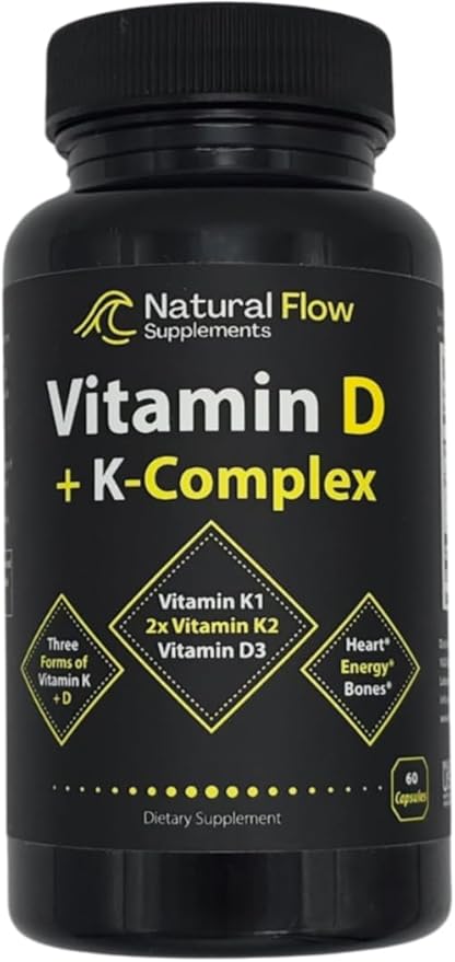 Vitamin D3 with K2 and K1 Supplement - Natural Flow Vitamin D3 and K Complex, D3 5000iu with Vitamin K2 MK4 + MK7 and K1 for Bone, Heart, and Immune Support - 60 Capsules