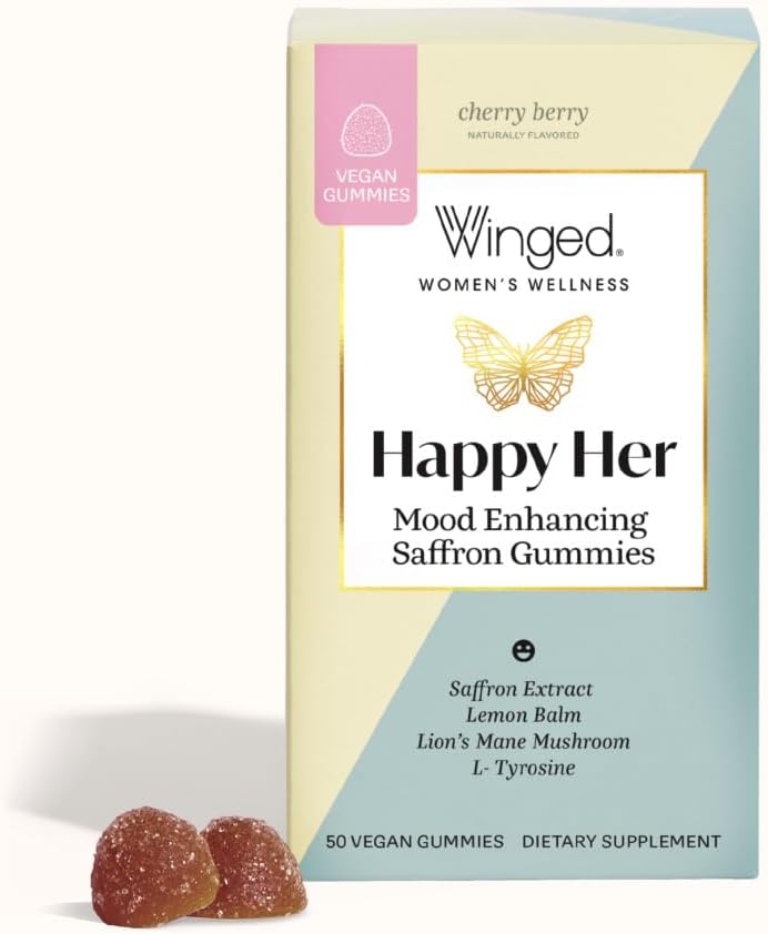 Winged Wellness Happy Her - Mood Support Gummies - Contains Saffr’ Activ Saffron Extract, 5-HTP, L-Tyrosine, Lion's Mane, Lemon Balm, and Chaste Tree - Vegan Gummy, Cherry Flavored - 3 Pack, 126 Count