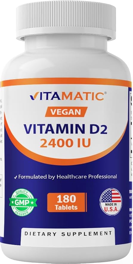 Vitamatic Vitamin D2 60 mcg (2400 IU) - Ergocalciferol - 180 Vegetarian Tablets (180 Tablets (Pack of 1)) (1 Bottle)