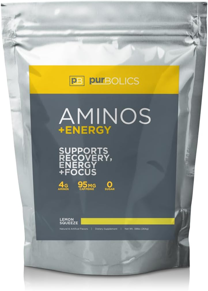 Purbolics Aminos + Energy, Supports Recovery, Energy & Focus, 95mg of Caffeine, 0 Sugar & 60 Servings (Lemon Squeeze)