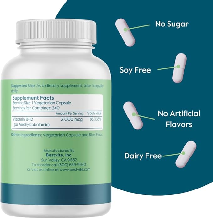BESTVITE Vitamin B12 (Methylcobalamin) 2000mcg (240 Vegetarian Capsules) (Methyl B12) - No Stearates - Vegan - Non GMO - Gluten Free