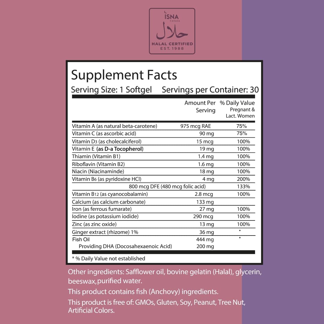Noor Vitamins Halal Prenatal Vitamins with DHA and Folic Acid, Essential Vitamins, Ginger to Soothe Mom's Stomach, Iron, Softgels, Prenatal Vitamin Before/During/Post Pregnancy (1 Month Supply)